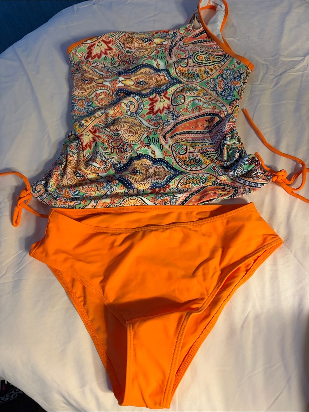 Vibrant Paisley Tankini Top with Bright Orange Bottoms